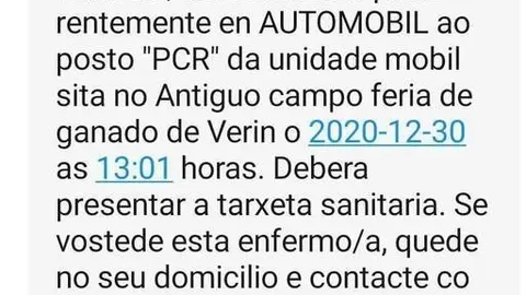 Captura de uno de los SMS que el Sergas est&aacute; enviando a los verinenses.