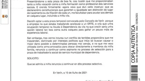 Escrito presentado por Laura Seoane, la &uacute;nica candidata seleccionada para la plaza de trabajadora social.