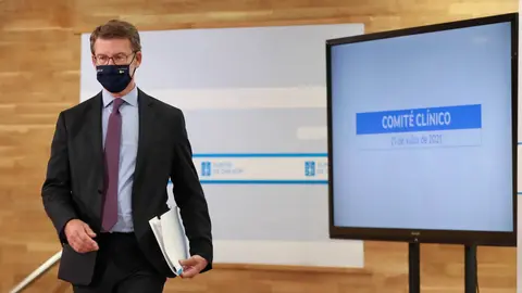 El presidente de la Xunta, Alberto N&uacute;&ntilde;ez Feij&oacute;o, esta ma&ntilde;ana en su comparecencia. | FOTO: Cedida