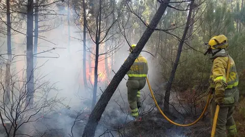 Bombeiros forestais da BRIF de Laza, combatindo as lapas no lume do Tameir&oacute;n. | FOTO: Diario de un bombero.