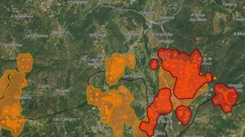 Mapa da superficie afectada polos lumes no sur da comarca. | FONTE: Copernicus.