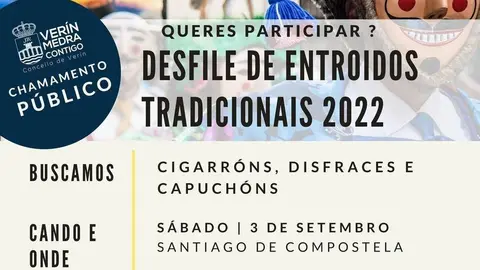 Cartel informativo sobre a b&uacute;squeda de participantes para o Desfile de Entroidos Tradicionais  en Ver&iacute;n.