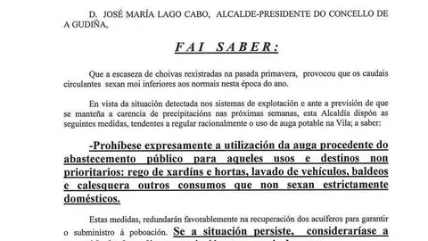 O Concello da Gudi&ntilde;a publicou esta semana un bando no que se limita o consumo s&oacute; para uso dom&eacute;stico.