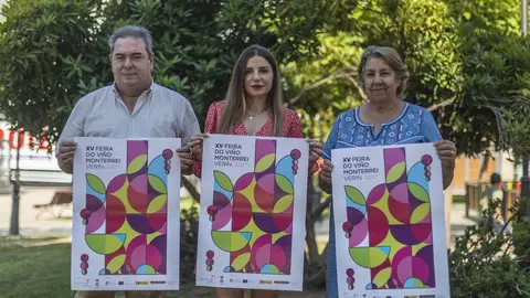 Gerardo Seoane, Lara Da Silva e Emilia Somoza, na presentaci&oacute;n da Feira do Vi&ntilde;o de Monterrei.