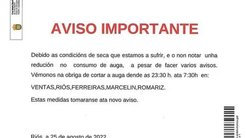 Bando no que se avisa dos cortes de auga en Ri&oacute;s, asinado pola alcaldesa, Eva Barrio.