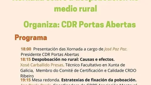 Cartel sobre a xornada sobre despoboaci&oacute;n no rural de Portas Abertas.