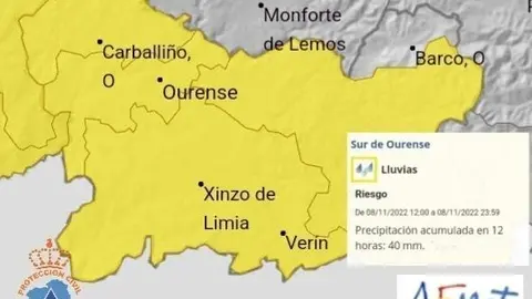 Mapa do aviso amarelo por choiva. | PROTECCI&Oacute;N CIVIL VER&Iacute;N.