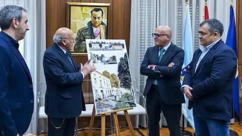 Juan Francisco Garc&iacute;a Gil (arquitecto redactor do proxecto de remodelaci&oacute;n do Balneario de Requeixo e do seu entorno, a esquerda), con Jos&eacute; de Souza Cinta, propietario, Jos&eacute; Manuel Baltar e Jos&eacute; Luis Su&aacute;rez.