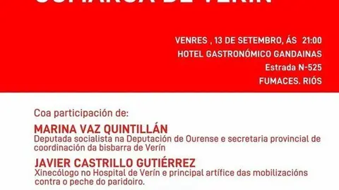 Cartel del encuentro del PSdG-PSOE de Ourense por la Sanidad P&uacute;blica de la comarca de Ver&iacute;n.