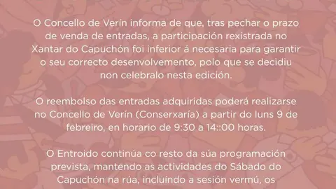 Comunicado emitido por el Concello de Ver&iacute;n anunciando la cancelaci&oacute;n del Xantar y los plazos de devoluci&oacute;n.