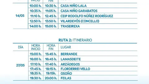 Calendario oficial de visitas da biblioteca m&oacute;bil furgoteca en Vilardev&oacute;s no mes de maio.