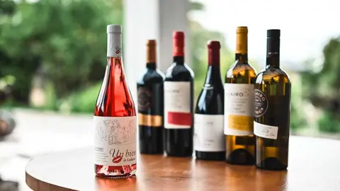 El primer rosado de Ladairo, "Un Bico", con el resto de "compa&ntilde;eros" de bodega. | FOTO: Noelia Caseiro.