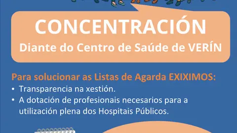 Cartel da concentraci&oacute;n organizada por SOS Sanidade P&uacute;blica diante do Centro de Sa&uacute;de de Ver&iacute;n.