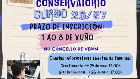 Cartel informativo sobre o acceso ao Conservatorio Municipal de M&uacute;sica de Ver&iacute;n para o curso 2026/27.