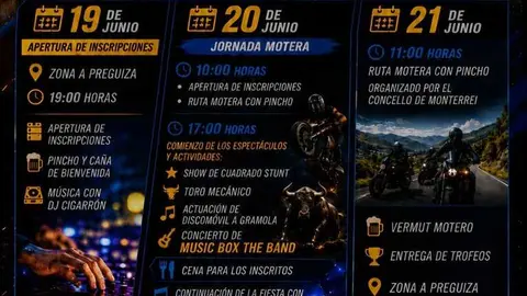 Cartel de la Concentraci&oacute;n Motera de Ver&iacute;n 2026, organizada por el Motoclub Vila de Ver&iacute;n con el respaldo de la Deputaci&oacute;n de Ourense y el Concello de Ver&iacute;n los d&iacute;as 19, 20 y 21 de junio.