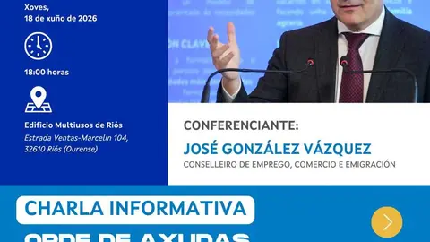 Cartel da charla informativa sobre a Orde de Axudas para Rehabilitaci&oacute;n de Vivendas, que se celebrar&aacute; o 18 de xu&ntilde;o no Edificio Multiusos de Ri&oacute;s.