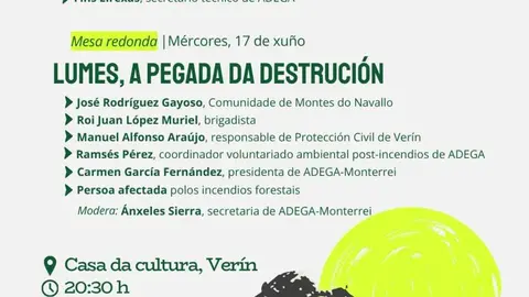 Cartel dos Encontros sobre Ecoloxismo organizados por ADEGA-Monterrei na Casa da Cultura de Ver&iacute;n, con sesi&oacute;ns o 10 e o 17 de xu&ntilde;o.