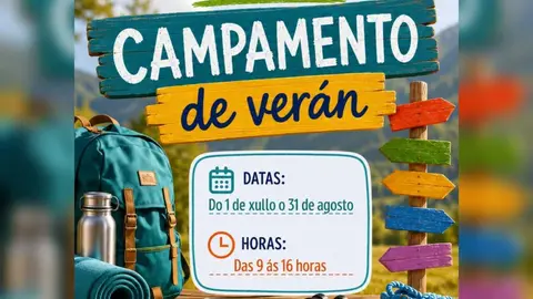 Cartel del Campamento de Ver&aacute;n del Concello de A Gudi&ntilde;a, con inscripciones abiertas hasta el 26 de junio.