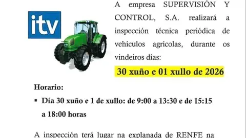 Cartel del Concello da Gudi&ntilde;a anunciando el calendario de la ITV agr&iacute;cola peri&oacute;dica.