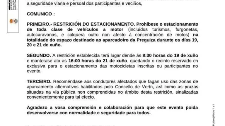 El aparcamiento de la Preguiza se reserva para motos por la concentración del Club Vila de Verín