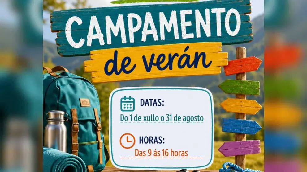 Cartel del Campamento de Ver&aacute;n del Concello de A Gudi&ntilde;a, con inscripciones abiertas hasta el 26 de junio.