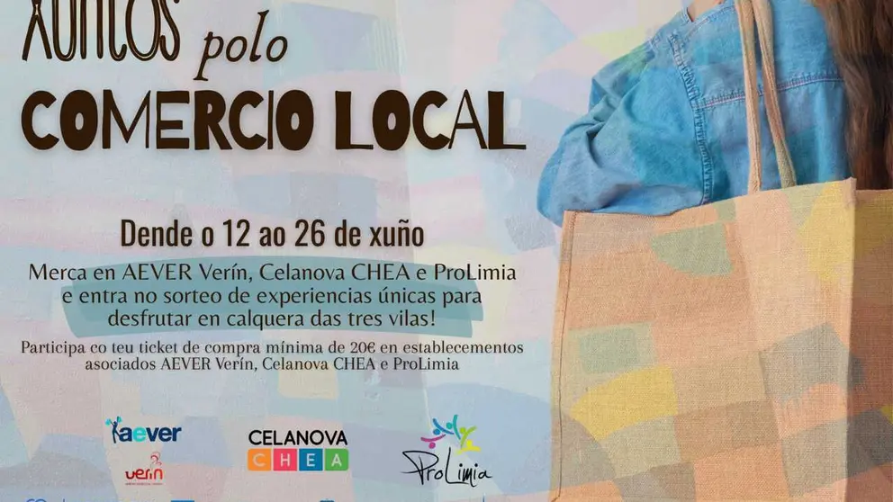 Cartel de la campa&ntilde;a "Xuntos polo comercio" que une a AEVER, Prolimia y Celanova CHEA.