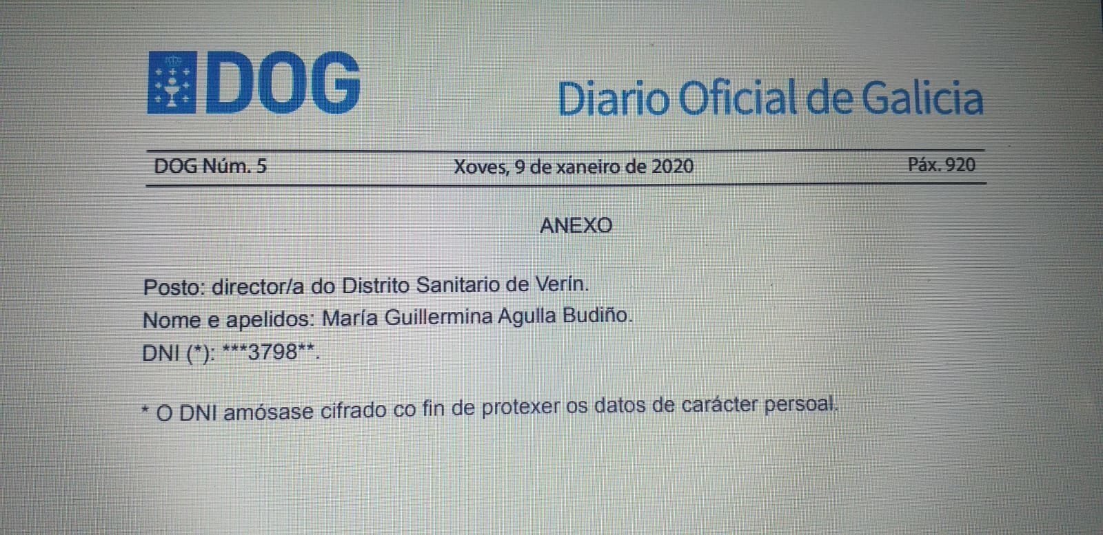 Captura del Diario Oficial de Galicia con el nombramiento. | FOTO: Xosé Lois Colmenero.
