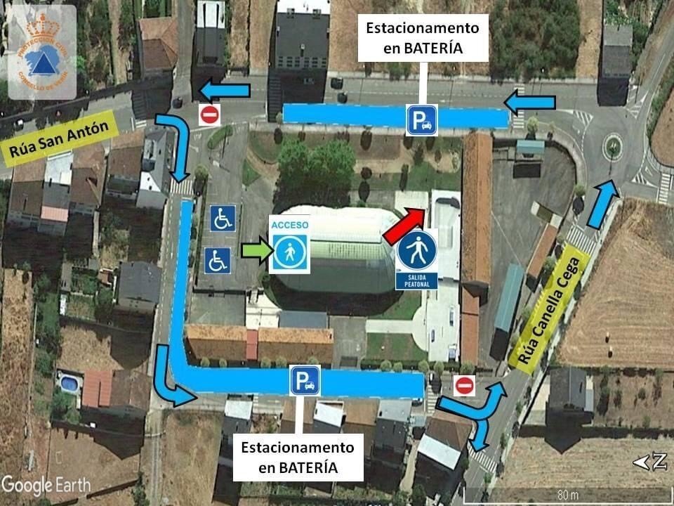 Instruccións de acceso ao cribado deste sábado en Verín. | FOTO: Protección Civil de Verín