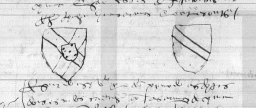 Esbozo realizado no manuscrito dos escudos gravados na rocha. A esquerda o escudo da casa de Bragança coas dúas “barras” e as quinas no centro, a dereita o escudo dos Zúñiga coa súa “barra”. Fonte: Torre do Tombo
