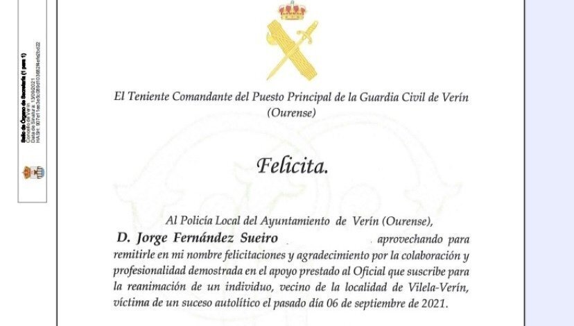 Carta del Teniente Yáñez de la Guardia Civil al policía Jorge Fernández.