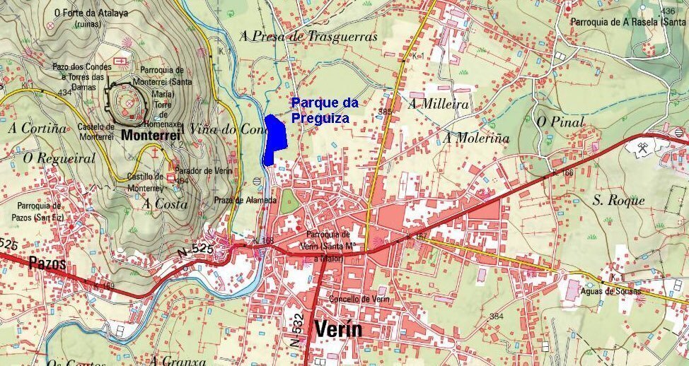 Mapa de Verín co Parque da Preguiza sinalado