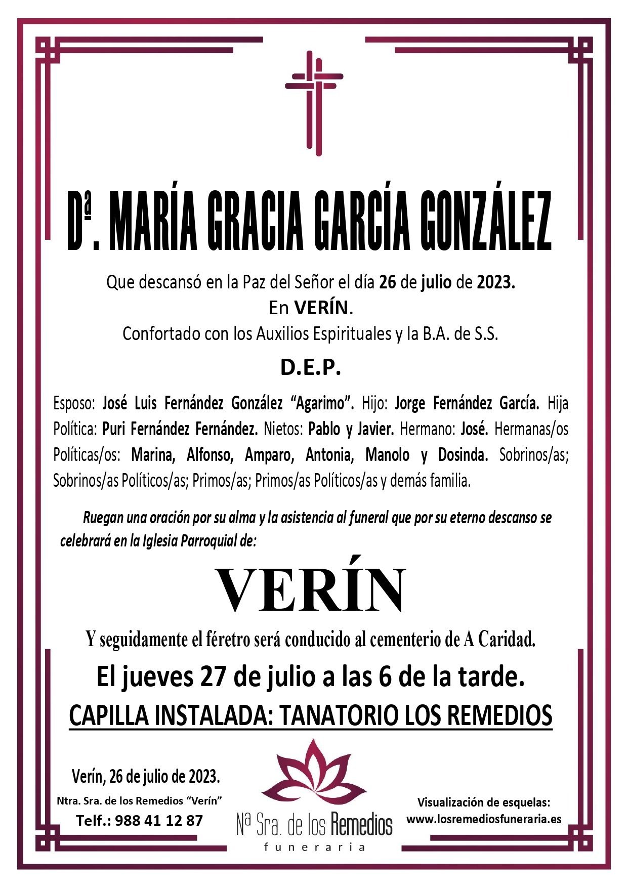 ESQUELAS VERÍN | María Gracia García González