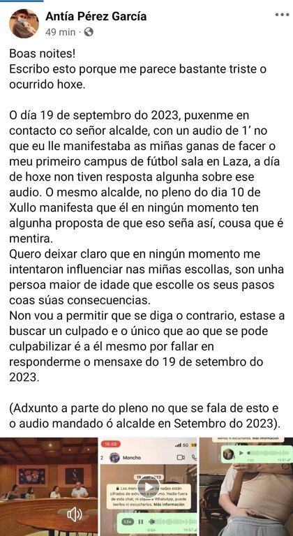 Captura de la publicación de Facebook de la jugadora.