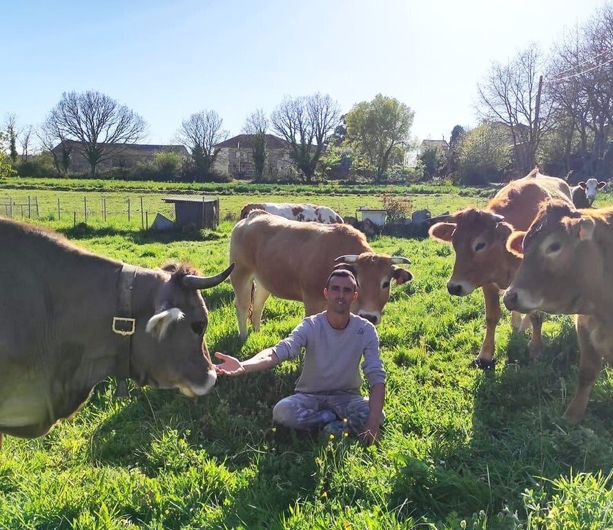 José Ángel Prieto Luis con sus vacas en su granja de Bustelo.