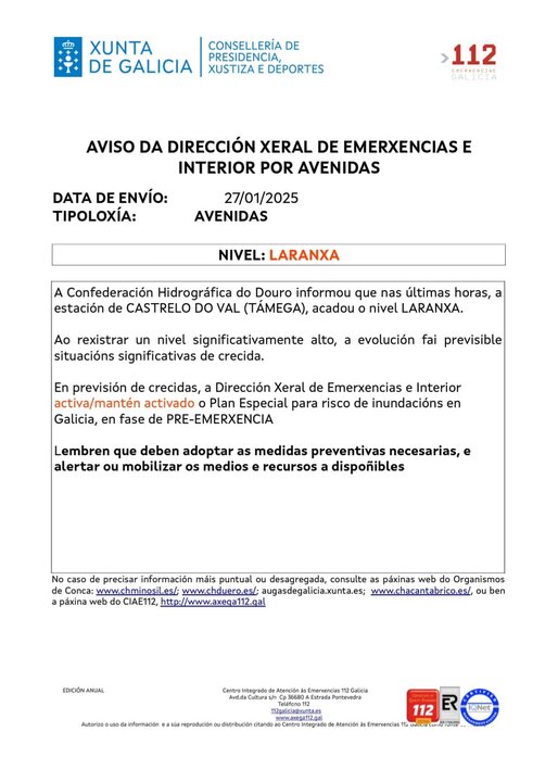 Alerta recibida desde la Dirección Xeral de Emerxencias de la Xunta de Galicia.