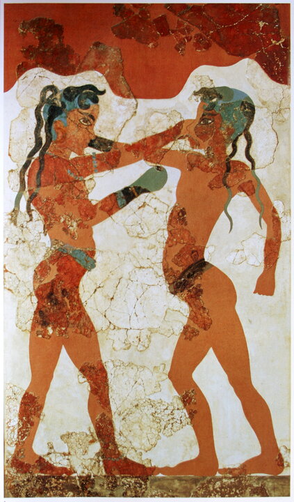 Fresco de los boxeadores de Akrotiri Santorini realizado durante la Edad del Bronce, hacia 1700-1650 a. C. Es la primera prueba conservada del uso de guantes.