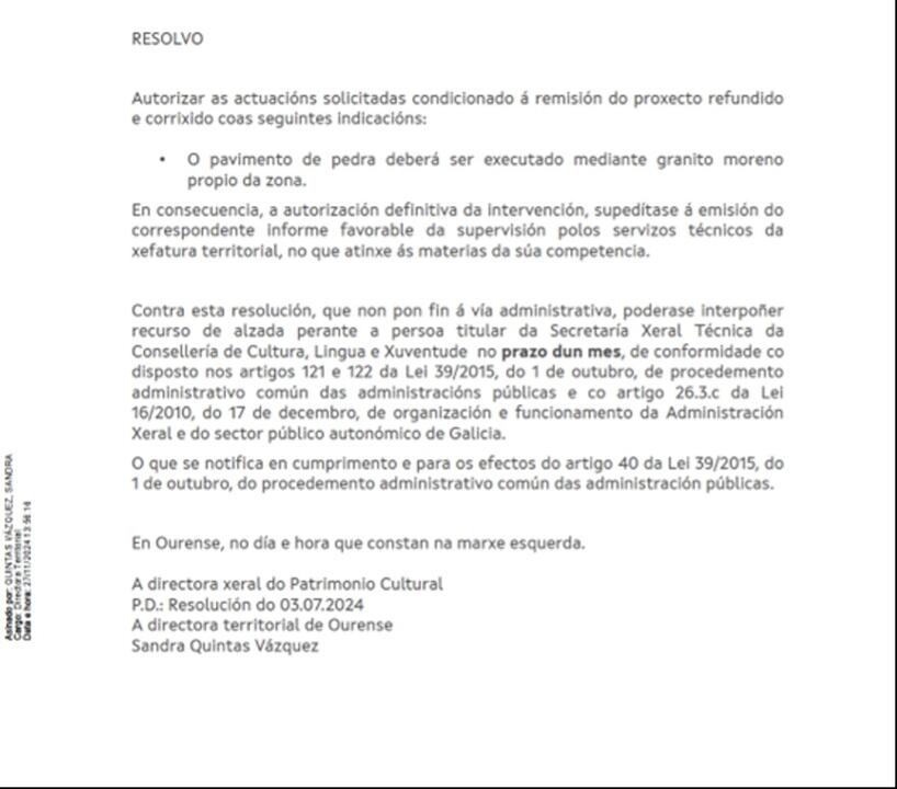 Extracto de la autorización de las obras de Queirugás.
