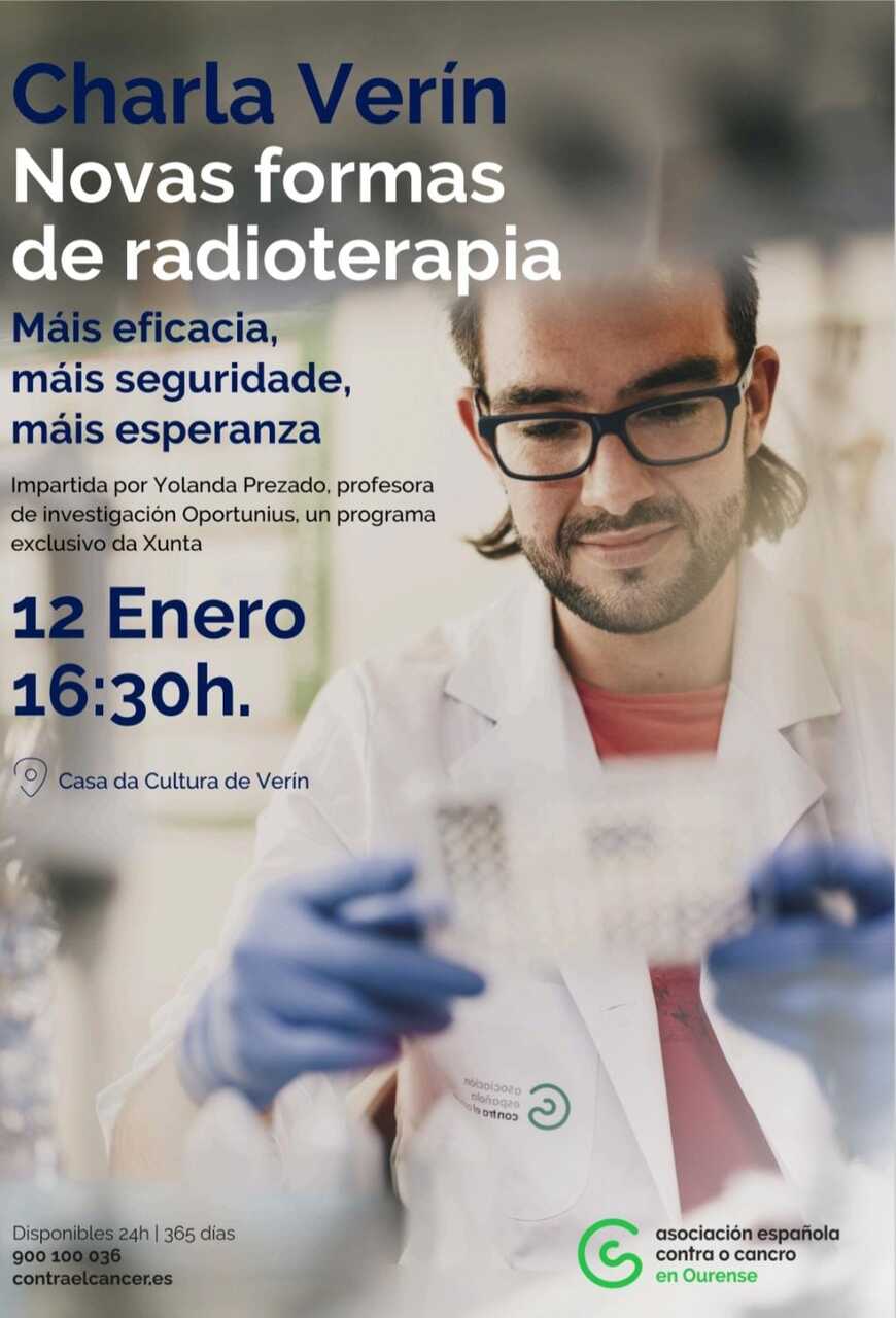 Cartel del evento "Nuevas formas de radioterapia", que tendrá lugar en la Casa da Cultura.