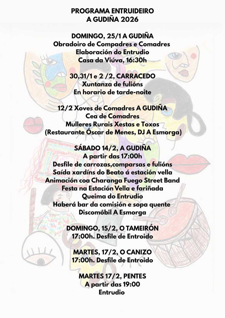 Cartel completo coa variada programación do Entrudio 2026 en todas as aldeas da Gudiña.