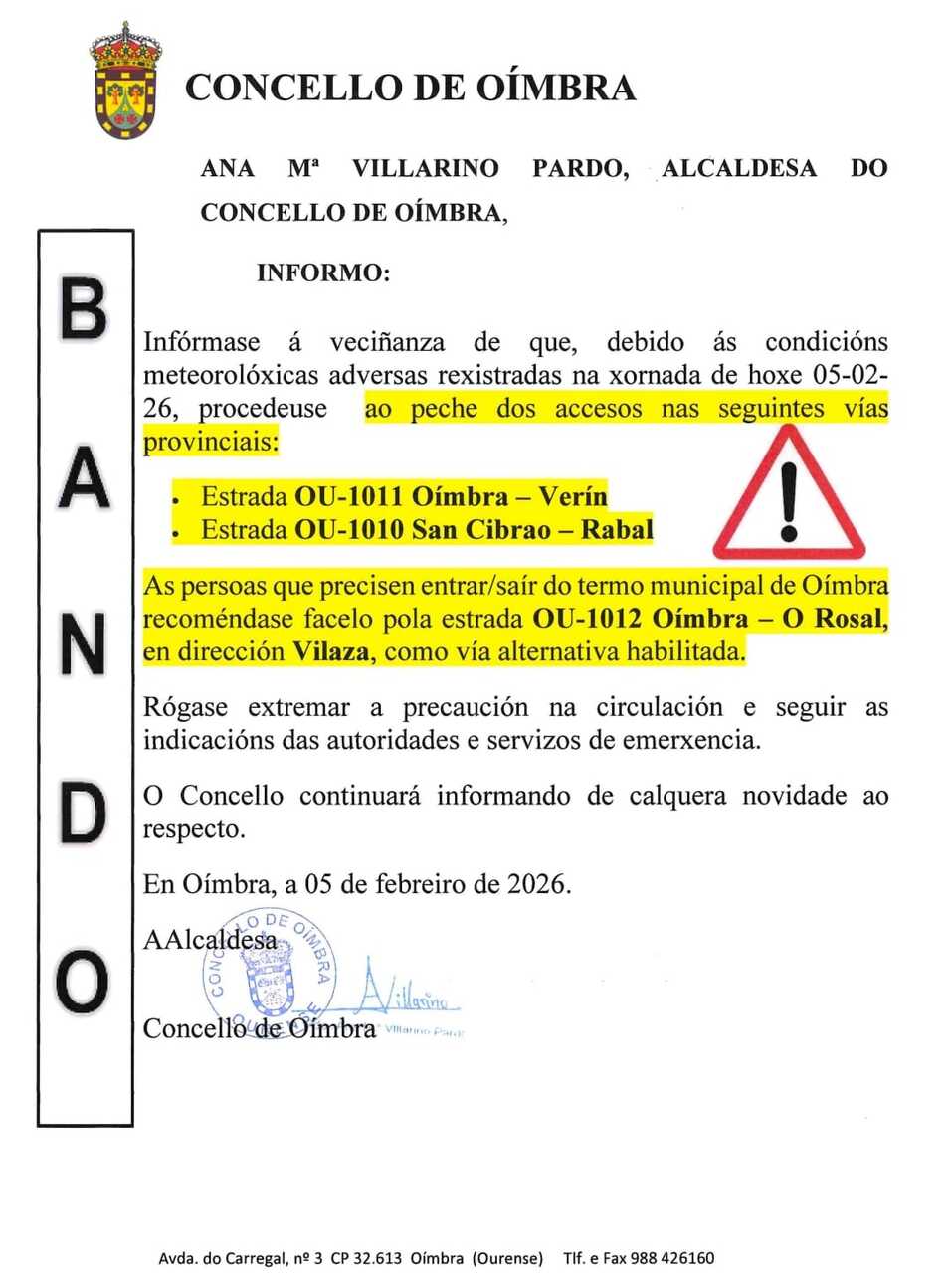 Bando emitido por la regidora Ana María Villarino informando de los cortes.