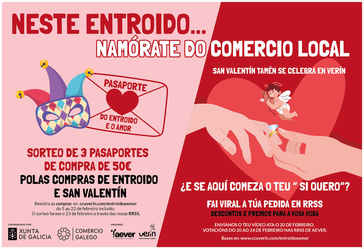 Cartel de la iniciativa que une Entroido y San Valentín con sorteos de dinero y regalos de boda.