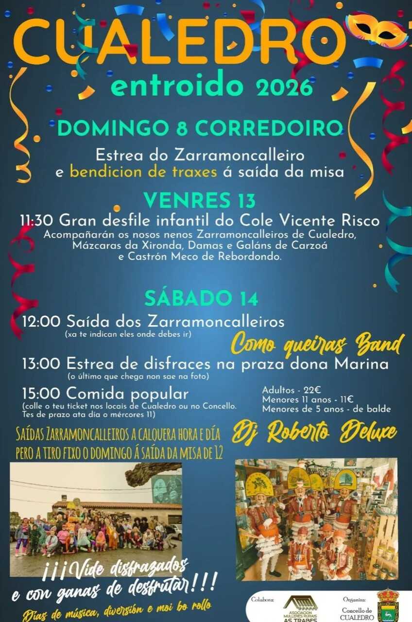 Cartel oficial del Entroido 2026 en Cualedro, que destaca la figura del Zarramoncalleiro y las fechas clave.