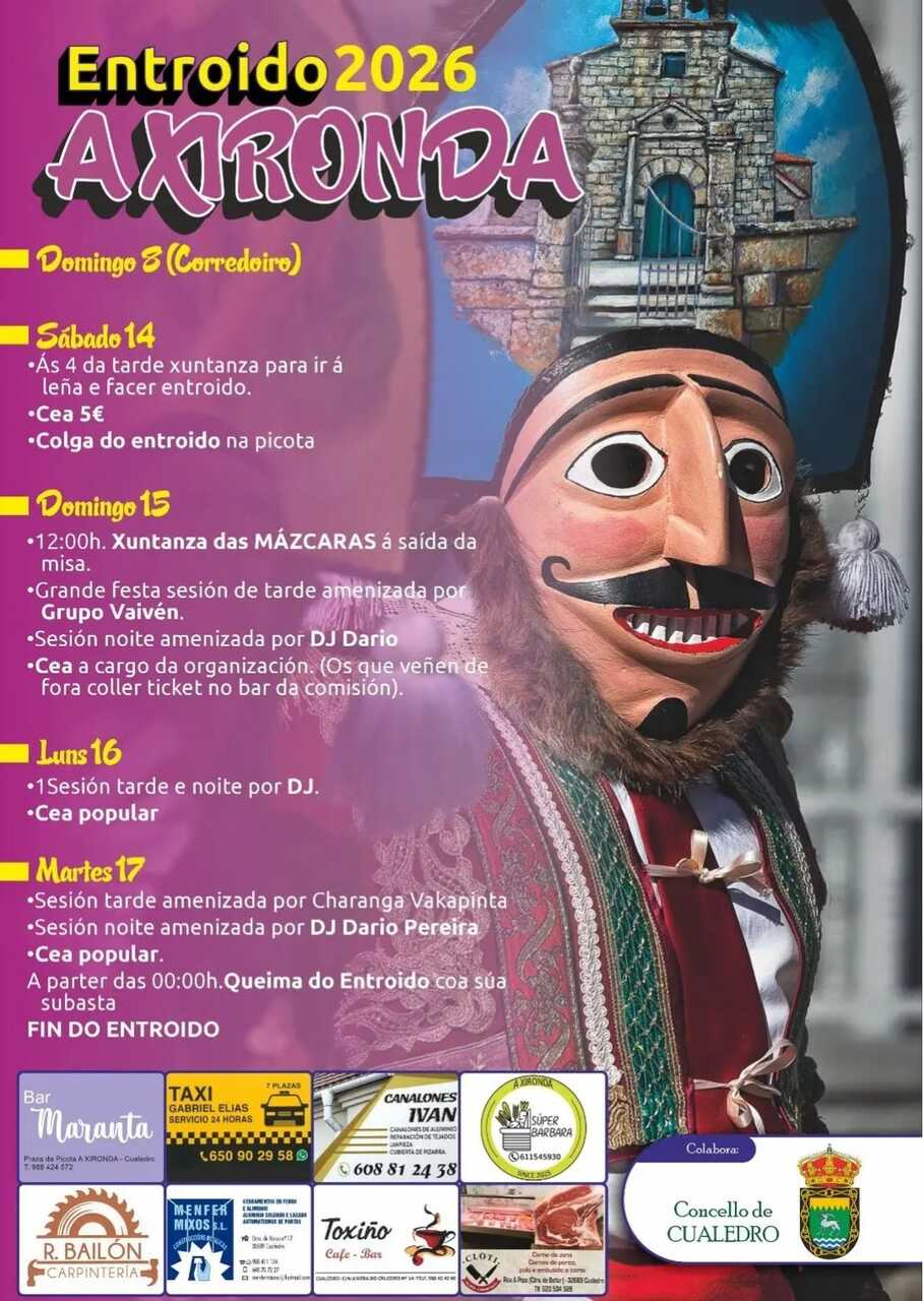 Programación oficial de actos en A Xironda, que incluye cenas populares y actuaciones musicales hasta el martes.