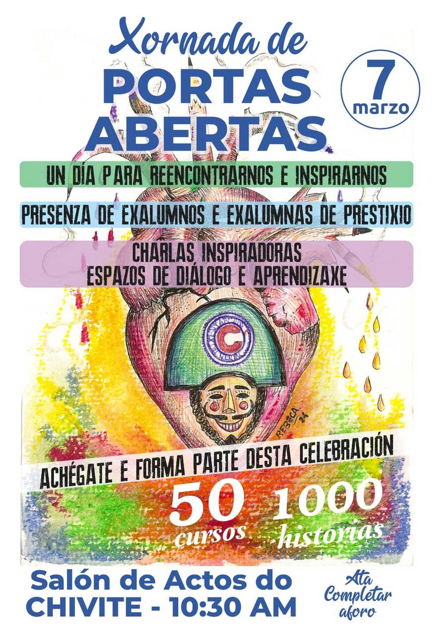 Cartel oficial de la gran jornada de puertas abiertas organizada para celebrar por todo lo alto el 50º aniversario de la fundación del IES Xesús Taboada Chivite en Verín.