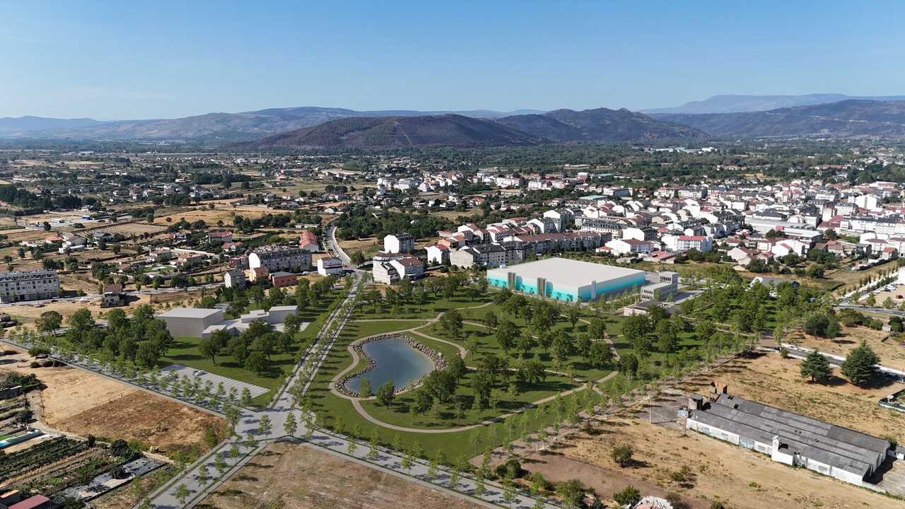 Simulación a vista de dron de la conexión entre Espido y San Antón, con el auditorio a la izquierda, frente al futuro lago.