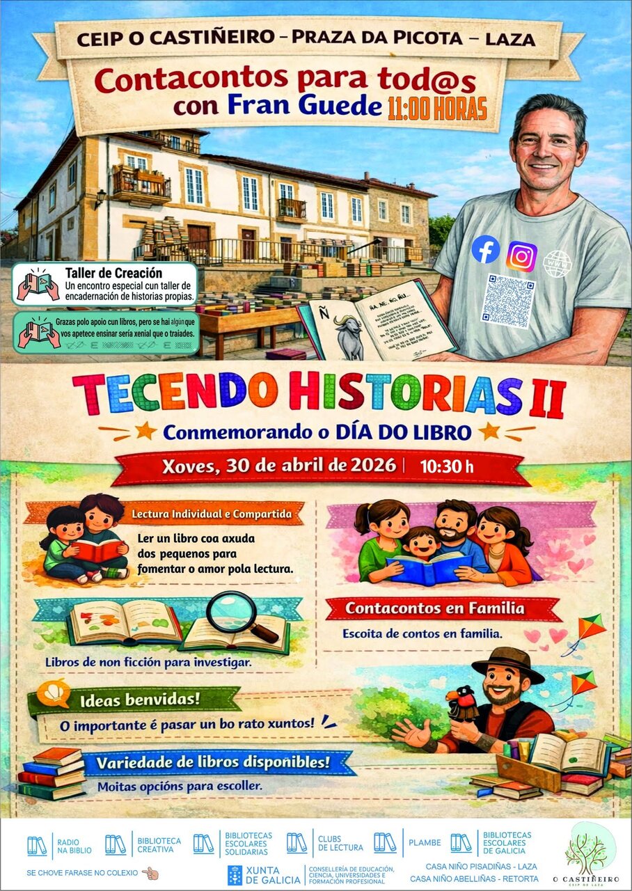 Cartel oficial de la segunda edición de "Tecendo Historias", que incluye la participación de Fran Guede el próximo 30 de abril.