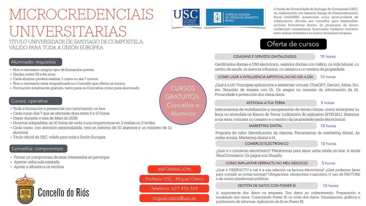 El programa de microcredenciales permitirá a los residentes de O Riós obtener títulos oficiales sin coste de matrícula.