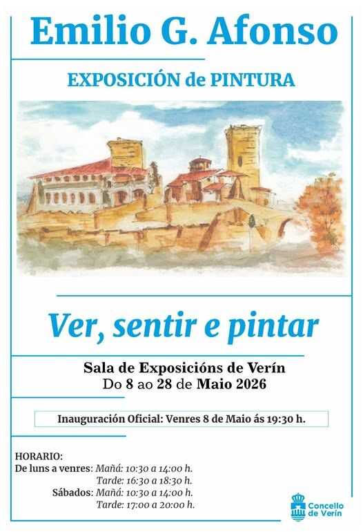 Cartel anunciador de la exposición «Ver, sentir e pintar», que muestra una ilustración del complejo monumental de Monterrei.