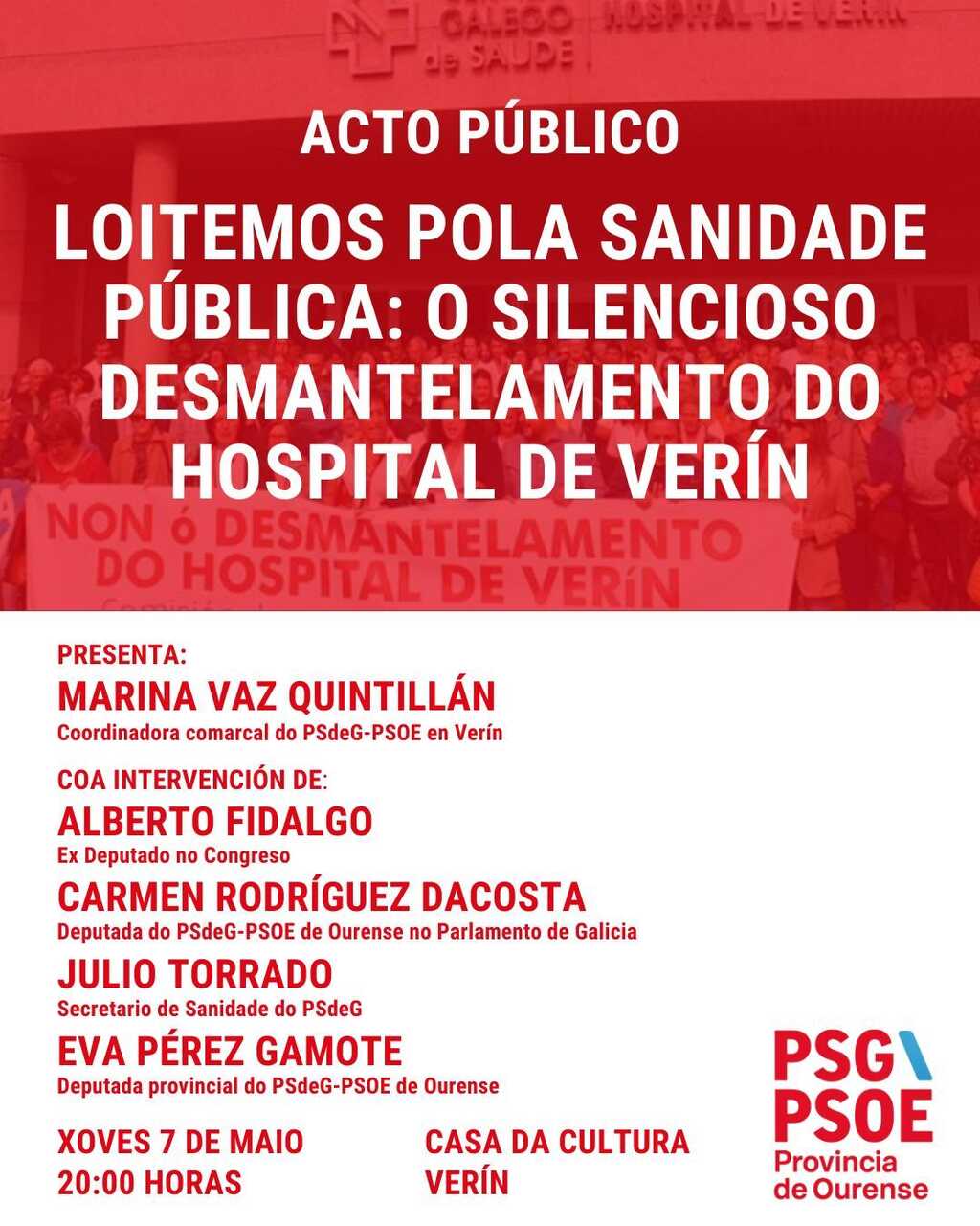 Cartel del acto público organizado por el PSdeG-PSOE en Verín este jueves, en defensa de la sanidad pública.