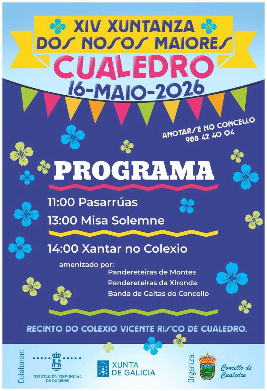 El cartel oficial de la XIV Xuntanza dos Nosos Maiores detalla los horarios y el proceso de inscripción para el 16 de mayo.